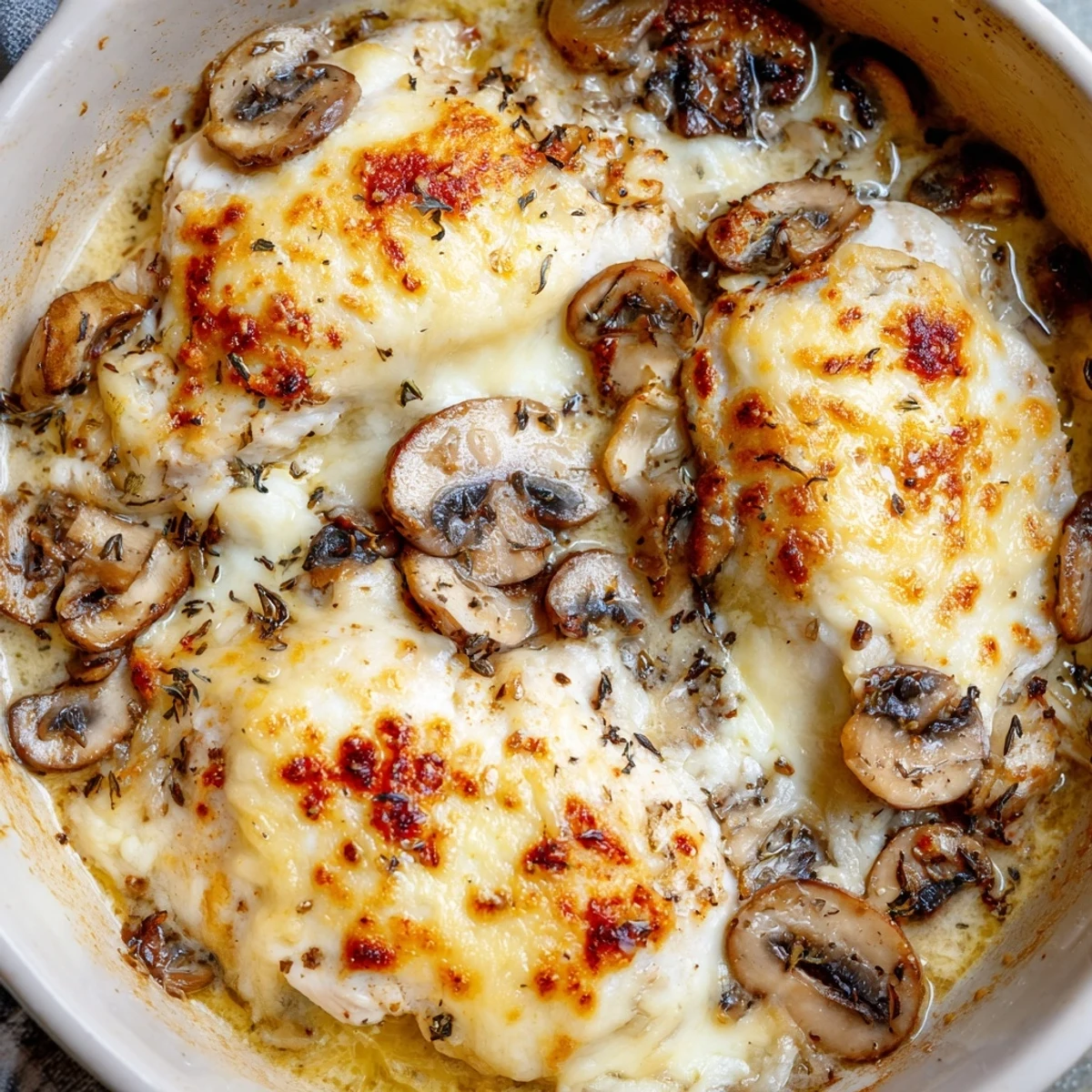 Tender chicken breasts topped with sautéed mushrooms and a generous layer of melted Parmesan and mozzarella cheese