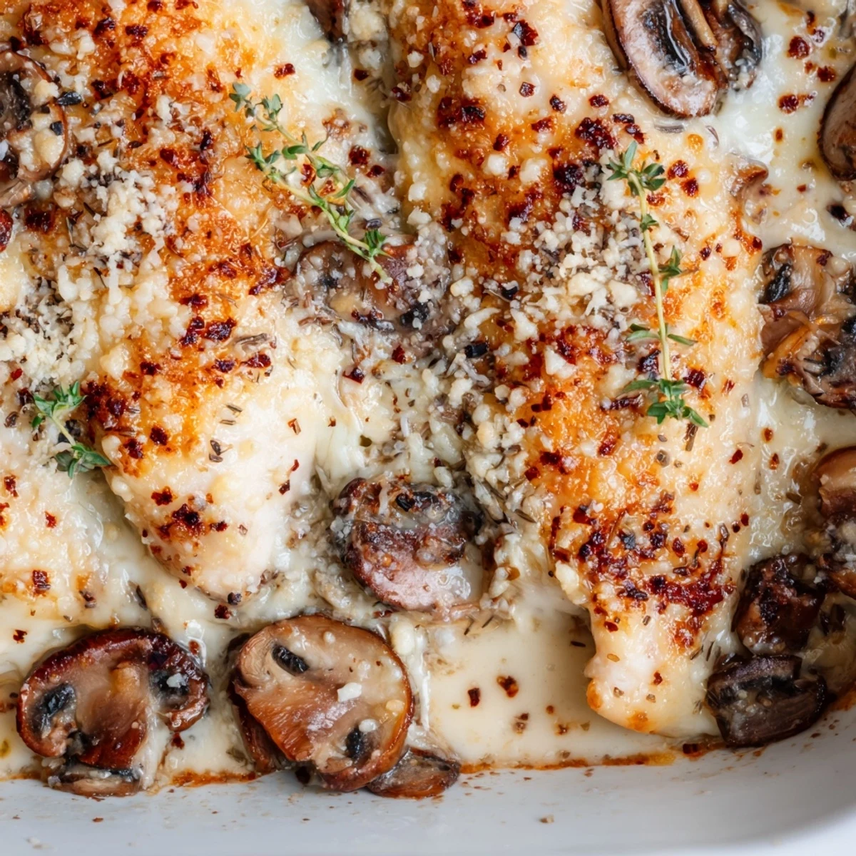 Comforting cheesy baked chicken featuring juicy mushrooms and a golden brown cheesy crust on a white serving plate