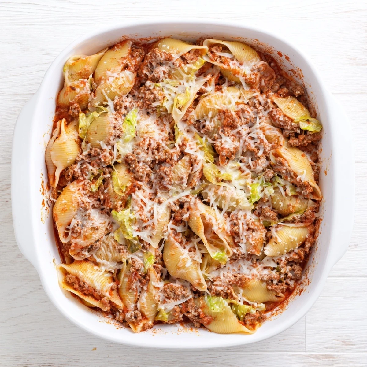 Comforting cabbage roll pasta bake featuring tender cabbage pasta shells in rich tomato sauce
