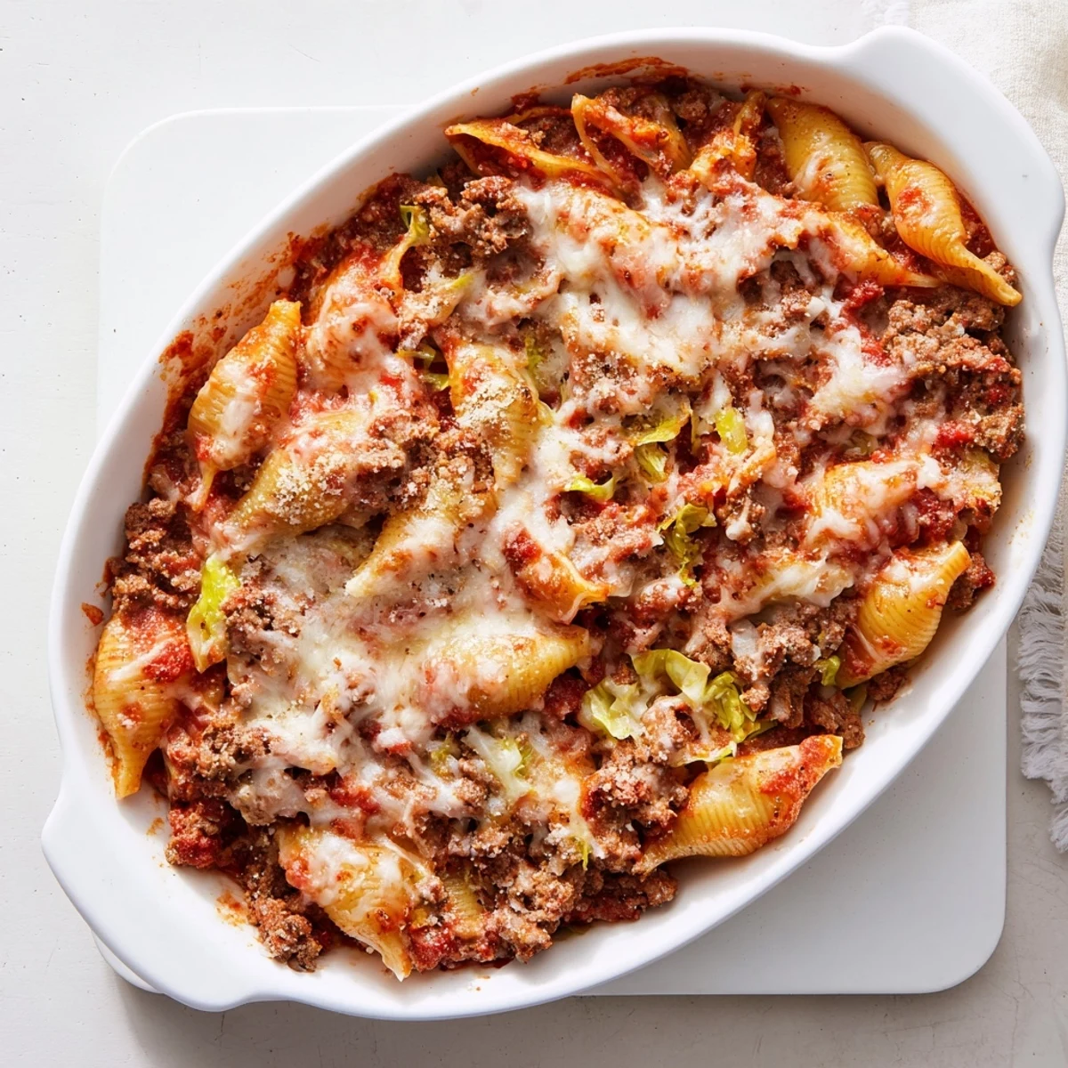 Hearty cabbage roll pasta bake layered with melted mozzarella and savory seasoned beef