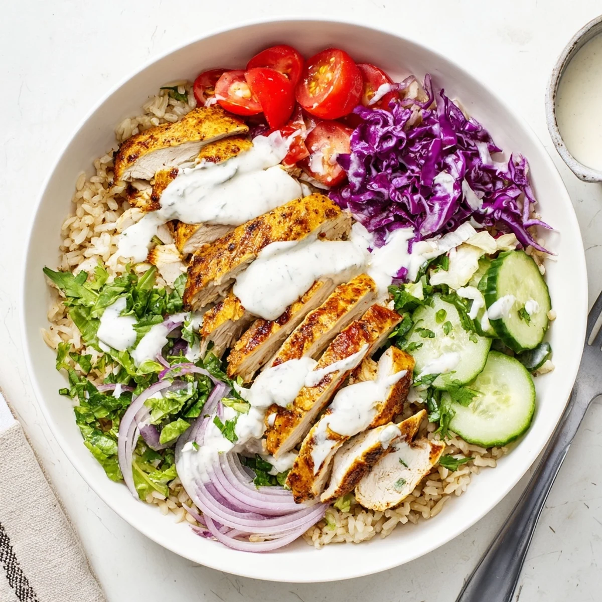 Nutritious chicken shawarma bowl arranged with brown rice, fresh salad, and tangy yogurt sauce topping