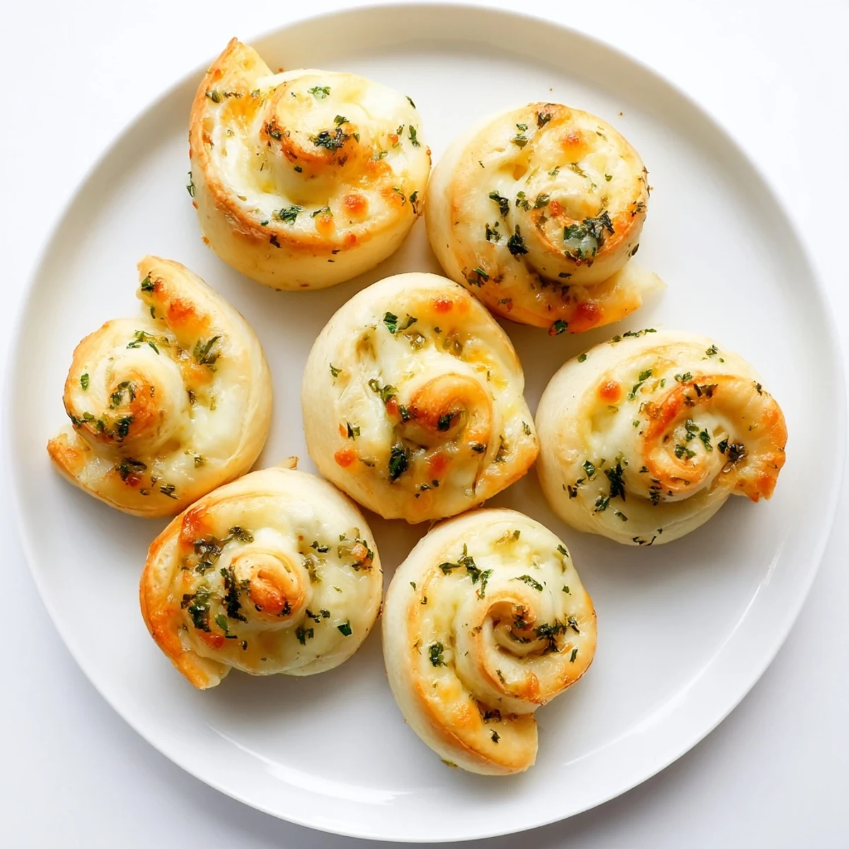 Golden brown cheesy garlic butter rollups brushed with parsley and served warm on a white plate