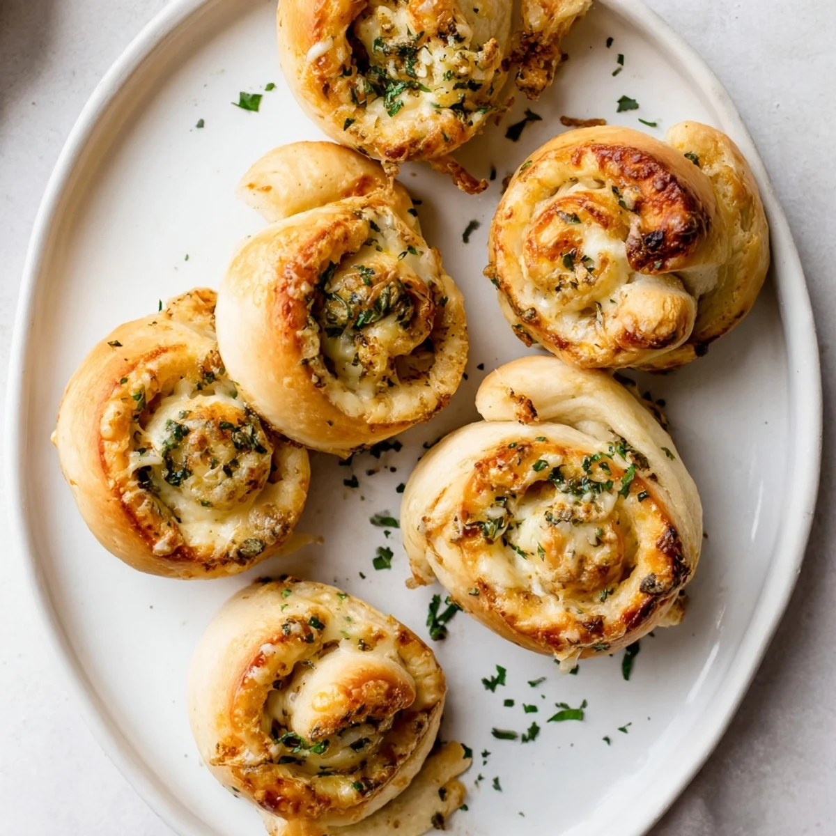 Flaky crescent dough rolled around melted mozzarella and cheddar cheese with garlic butter glaze on top