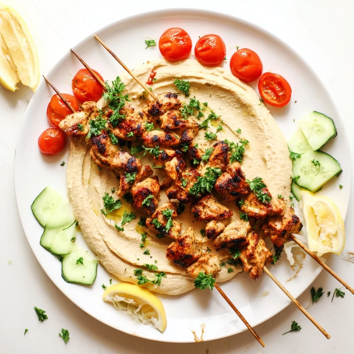 Golden grilled Mediterranean chicken skewers arranged over creamy hummus spread with fresh parsley garnish
