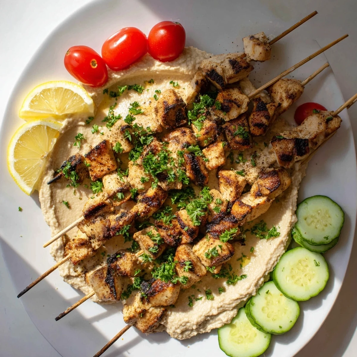 Succulent marinated chicken kabobs served atop smooth homemade hummus with lemon wedges on white platter