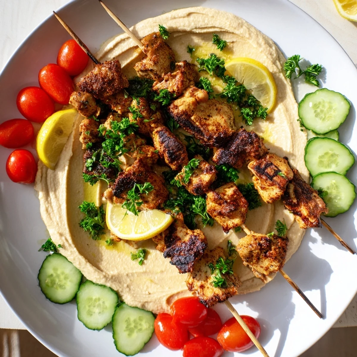 Tender spiced chicken skewers resting on bed of classic hummus spread garnished with fresh herbs