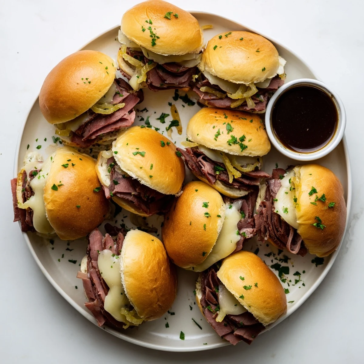 Tender roast beef stuffed sliders oozing melted cheese served alongside rich beef au jus for dipping