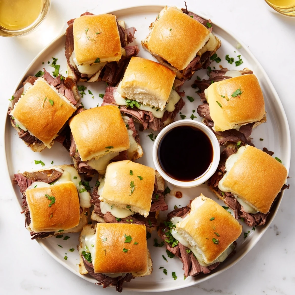 Baked French dip sliders recipe featuring savory beef, onions, and provolone in soft slider rolls with dipping sauce