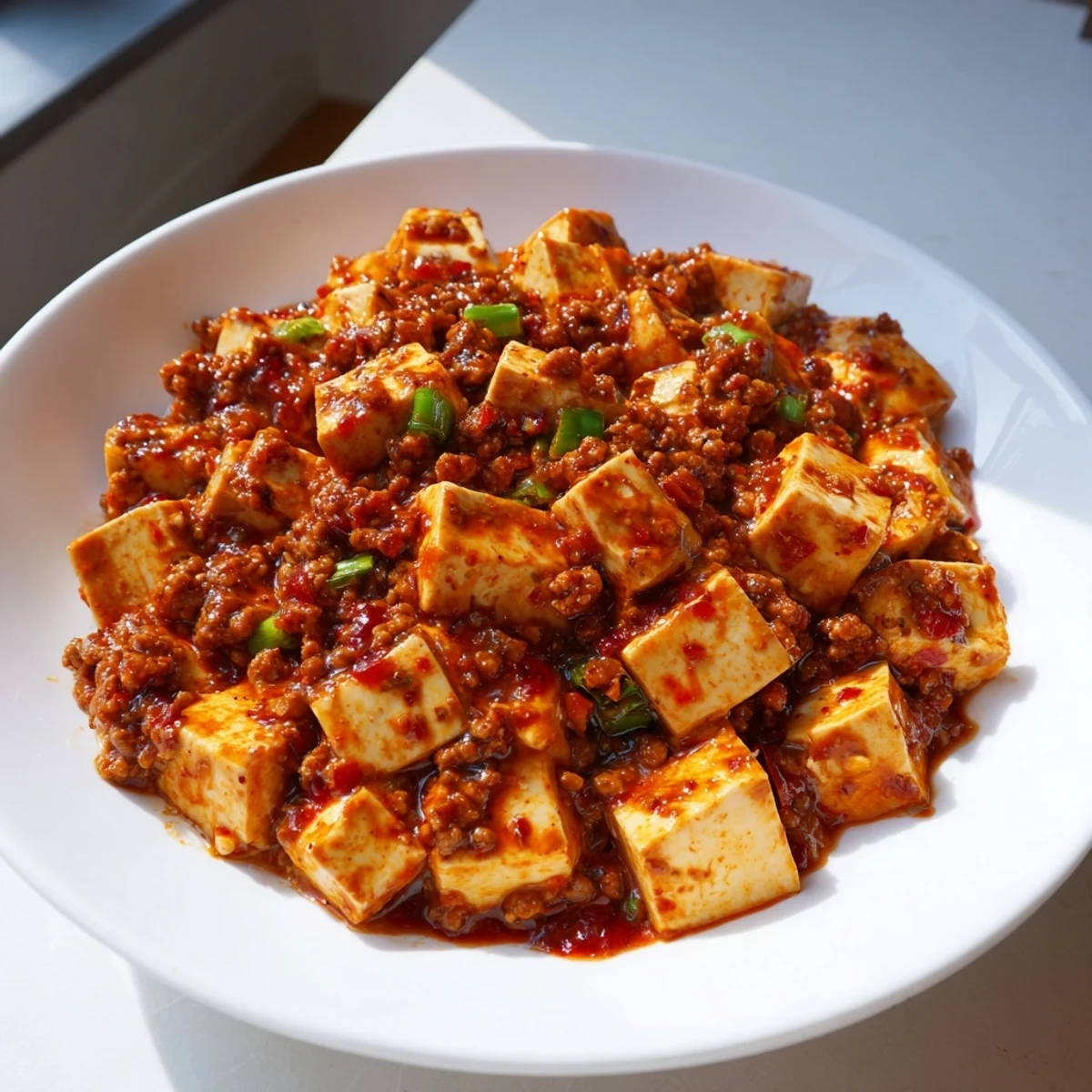 Steaming bowl of Mapo Tofu Udon featuring soft tofu cubes in spicy red sauce over thick chewy noodles, garnished with fresh green onions and sesame seeds.