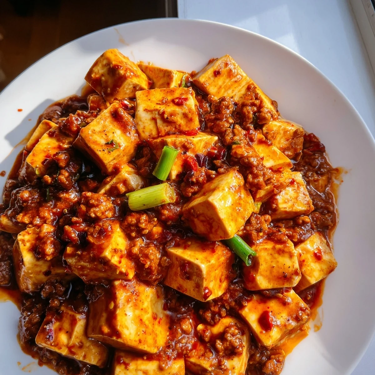 Rich Mapo Tofu Udon with tender pork and silken tofu swimming in aromatic Sichuan chili sauce, served atop springy udon noodles for a comforting fusion meal.