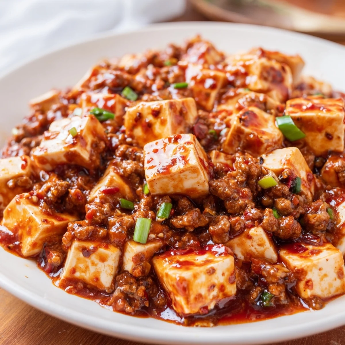 Golden brown udon noodles topped with spicy Mapo Tofu Udon, showcasing cubed tofu and ground meat in a glossy, fragrant red sauce with chopped scallion garnish.