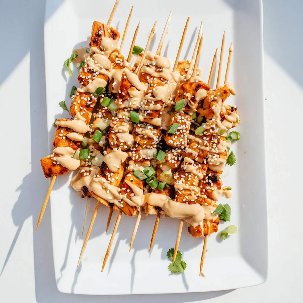 Golden Bang Bang Chicken Skewers drizzled with sweet chili mayonnaise sauce and fresh scallions