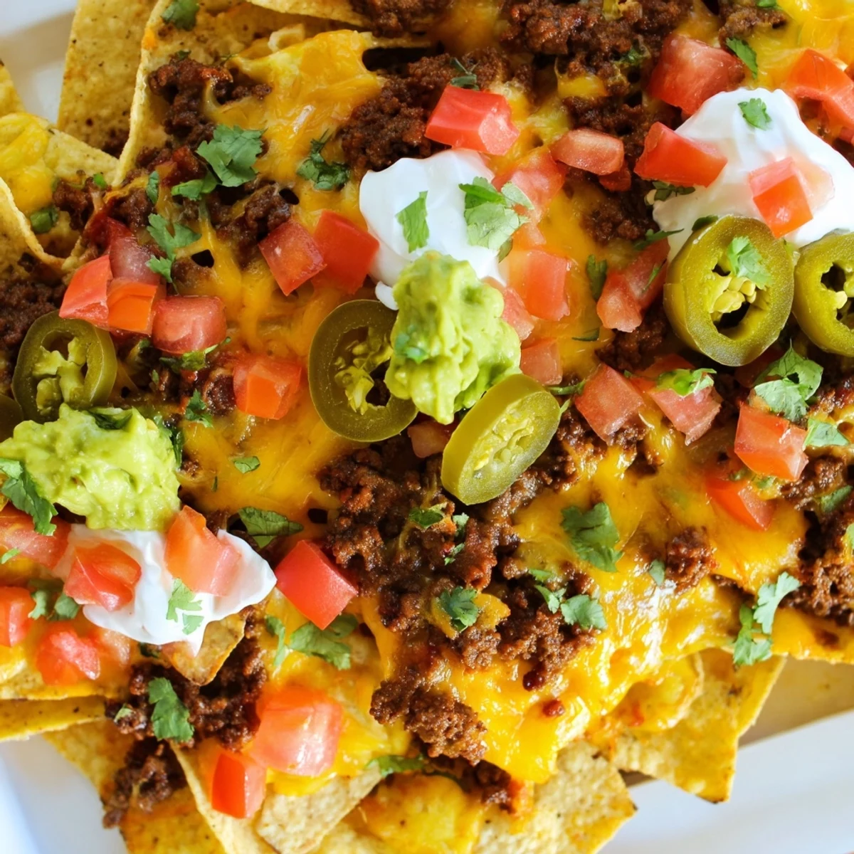 Loaded Tex-Mex Texas Nachos featuring crispy tortilla chips smothered in bubbly cheese and spiced ground beef