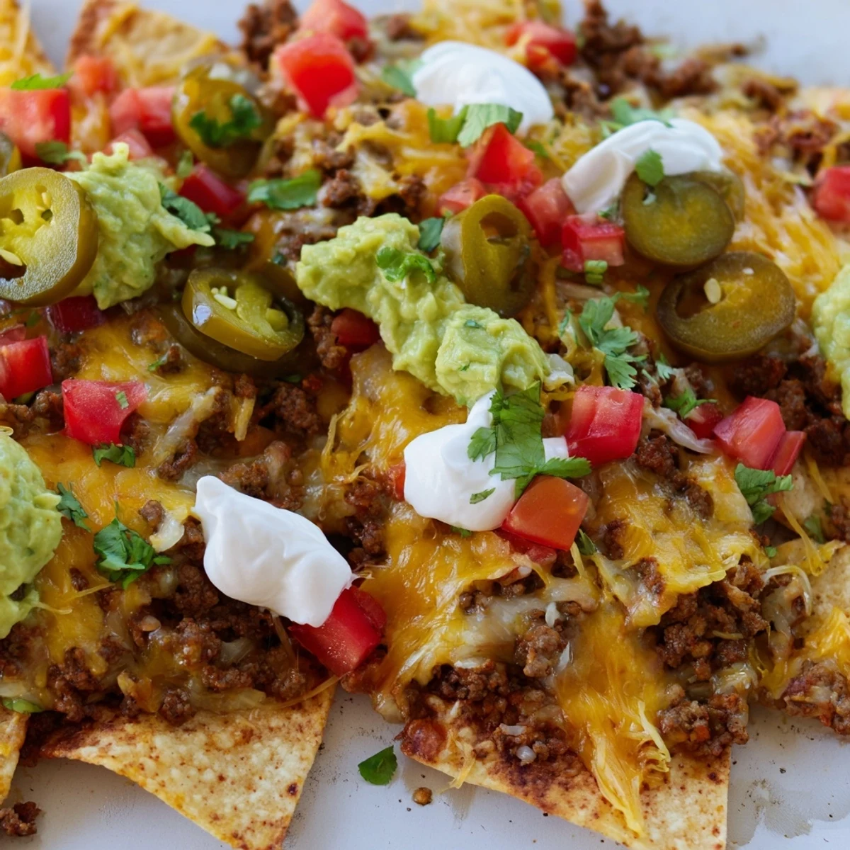 Sharing platter of Texas Nachos garnished with diced tomatoes, jalapeños, sour cream, and vibrant cilantro