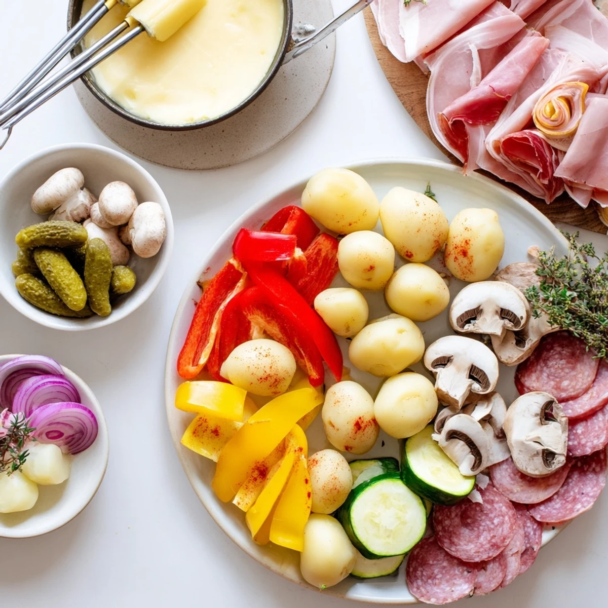 Golden melted raclette cheese bubbling over boiled potatoes and colorful vegetables on a wooden serving platter
