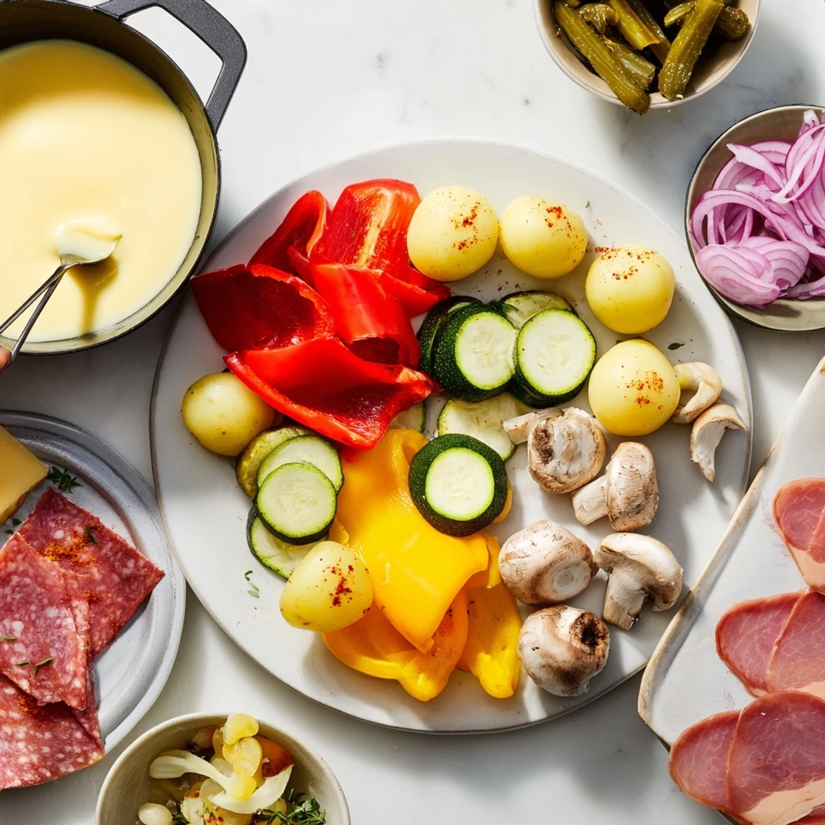 Festive raclette dinner spread with glistening melted cheese served alongside pickled cornichons and cured charcuterie meats