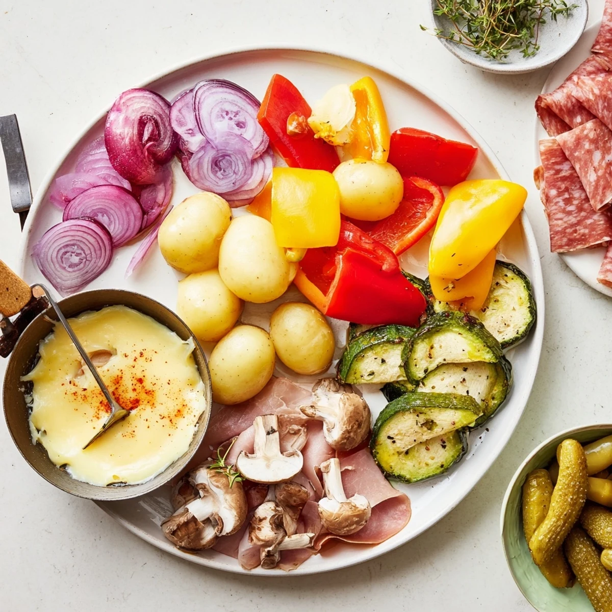 Steamy raclette cheese scraped over tender roasted potatoes and sliced bell peppers at a warm Swiss gathering