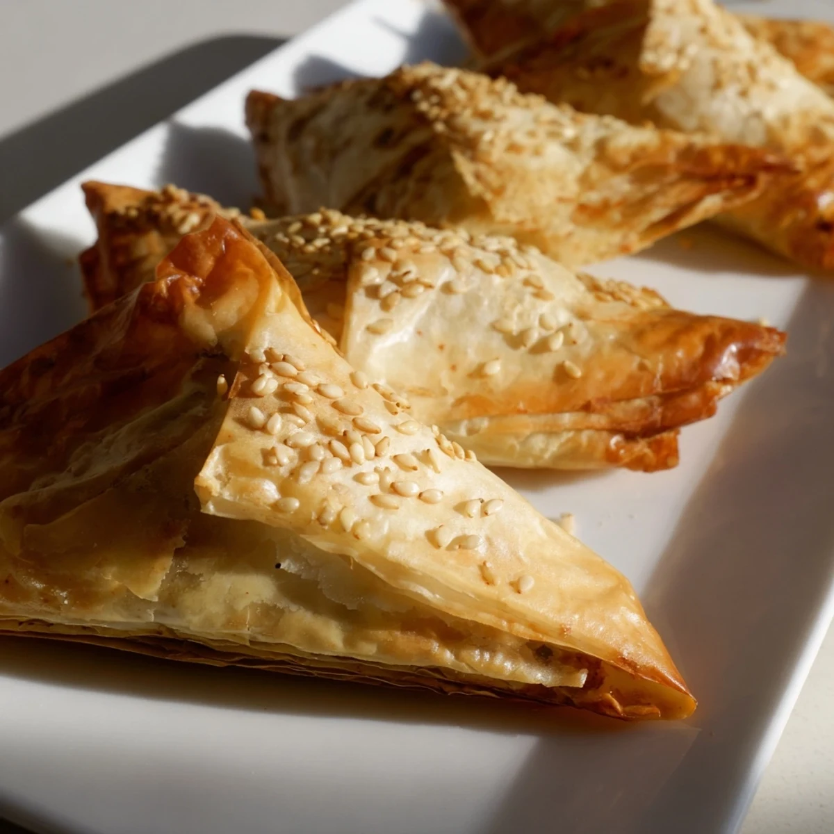 Golden crispy Moroccan spiced chicken briouats arranged on a white serving platter with sesame seed topping