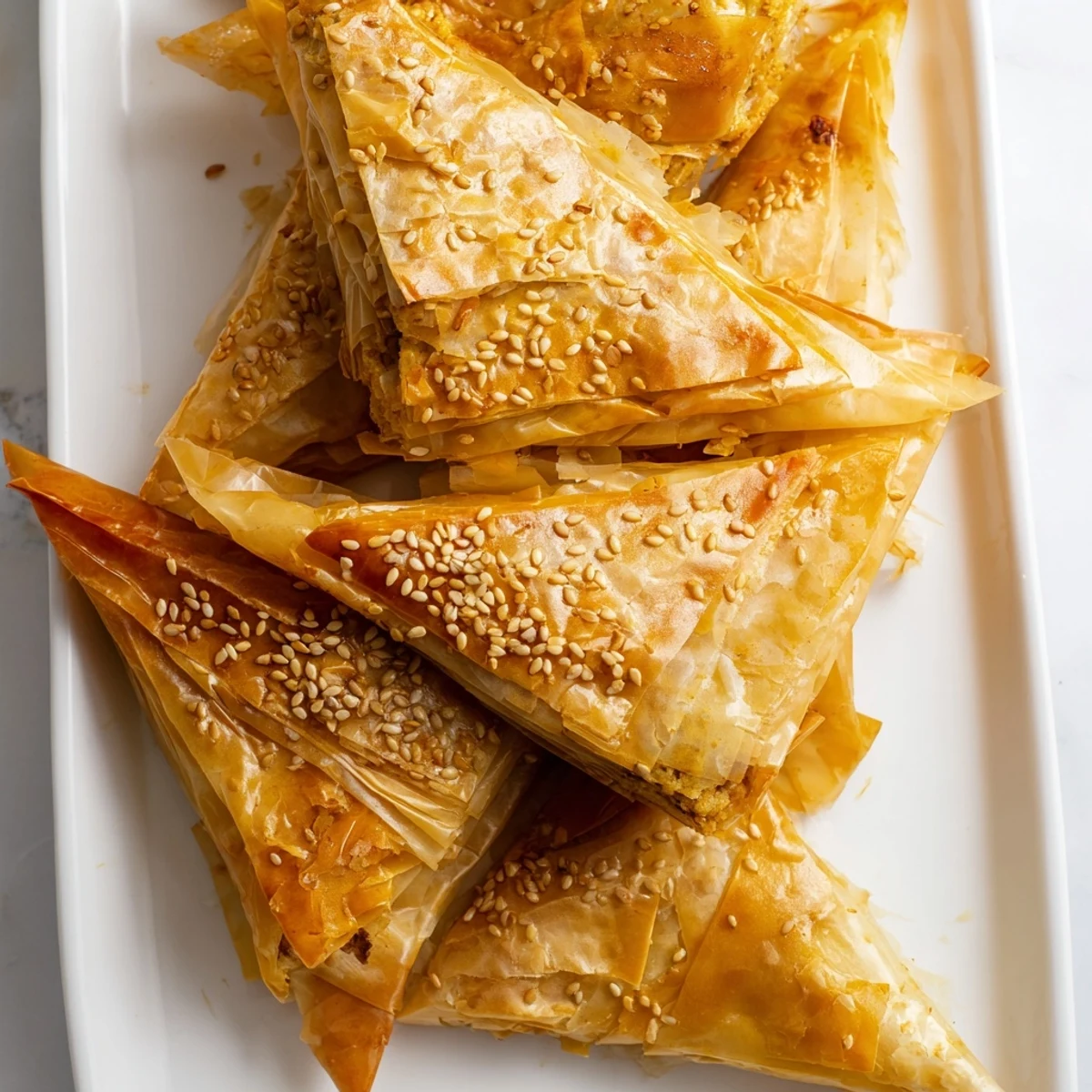 Moroccan appetizer of golden brown chicken briouats with honey spiced filling visible through flaky layers