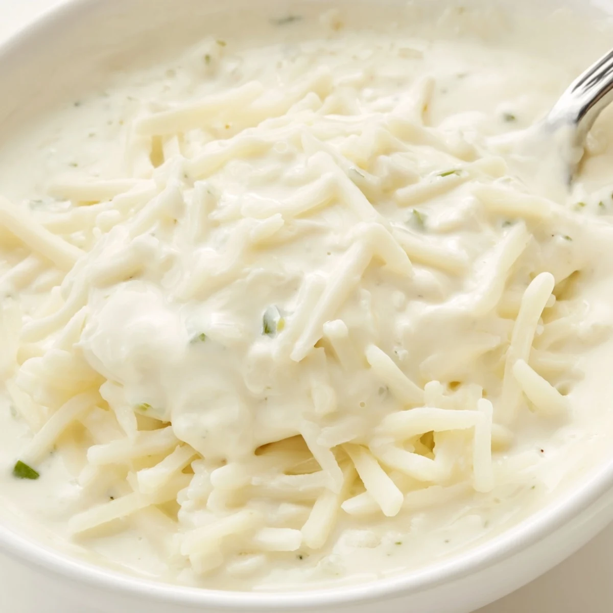 Warm white queso dip served in a bowl with crispy tortilla chips for dipping and sharing