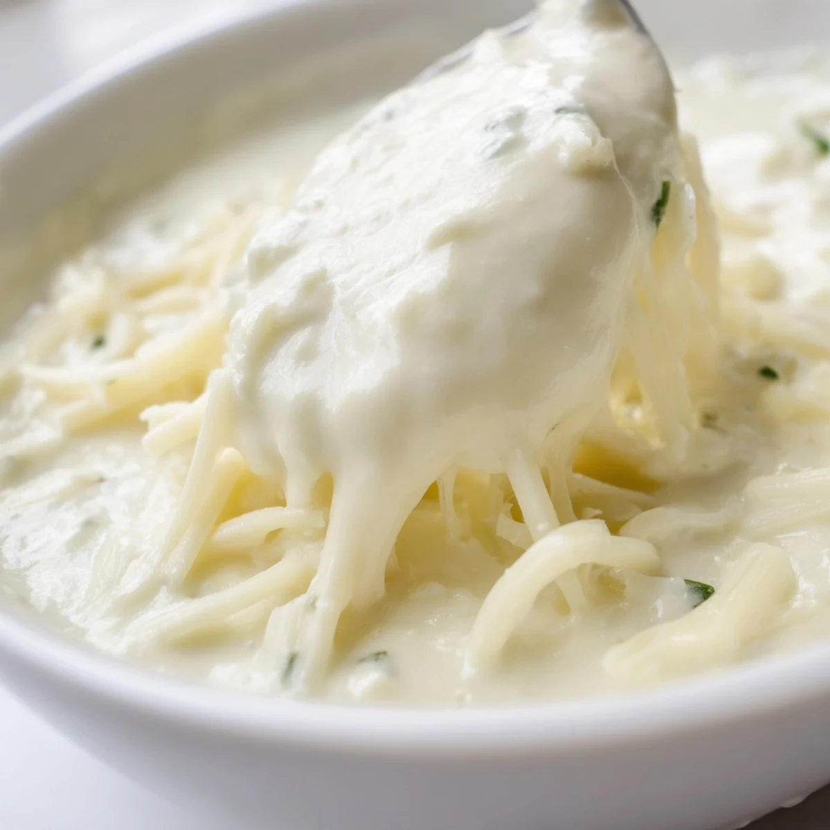 Creamy white queso dip bubbling in a saucepan with melted white American cheese and diced jalapeños