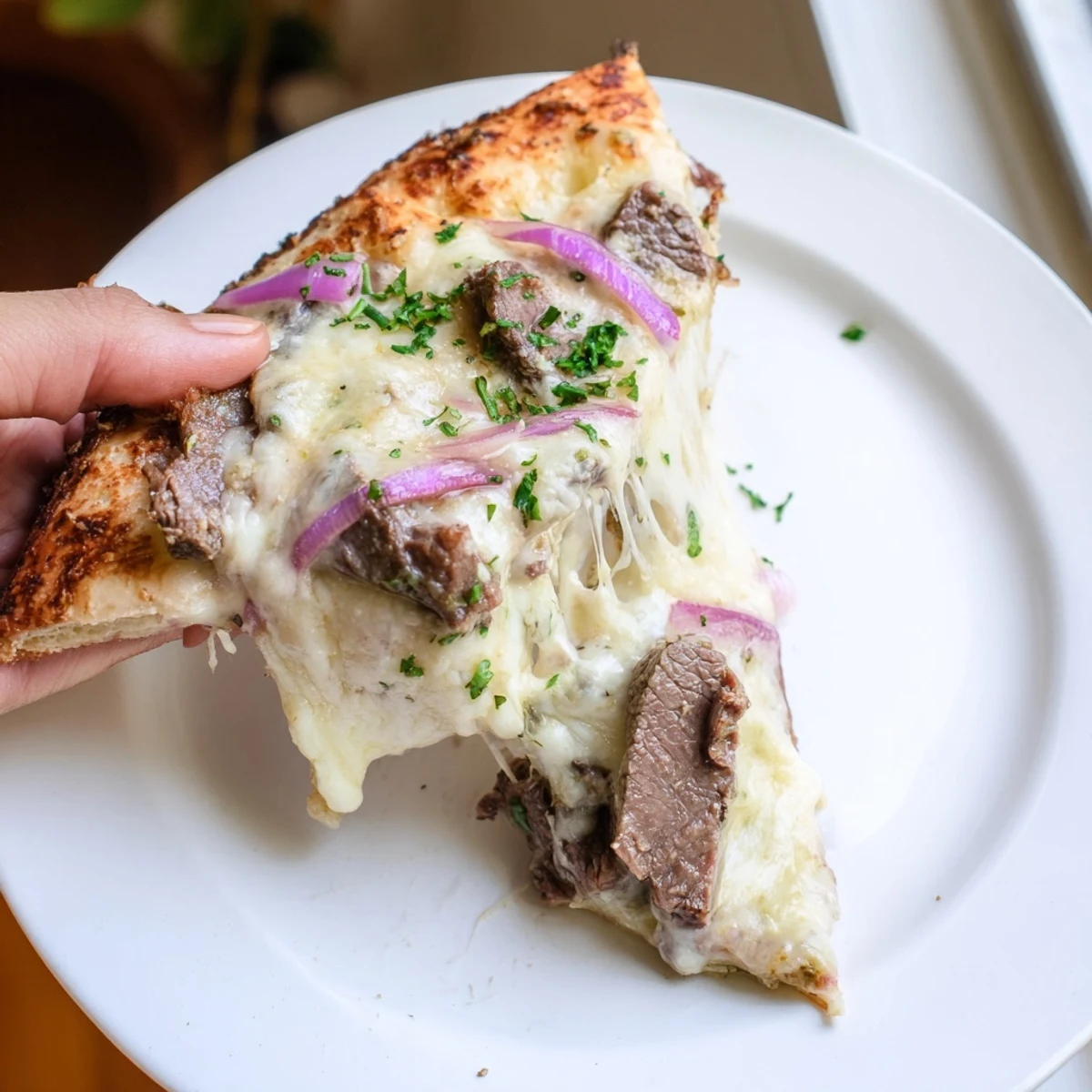 Golden beef alfredo pizza bubbling with melted mozzarella and provolone on a crisp crust