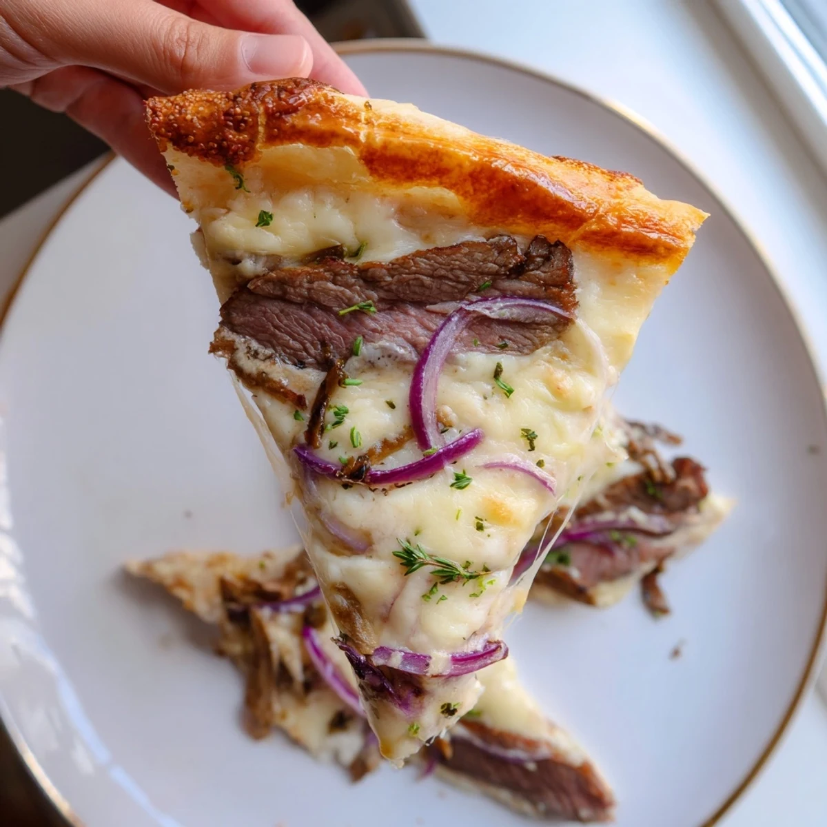 Decadent beef alfredo pizza featuring tender steak, rich white sauce, and herbs on baked dough