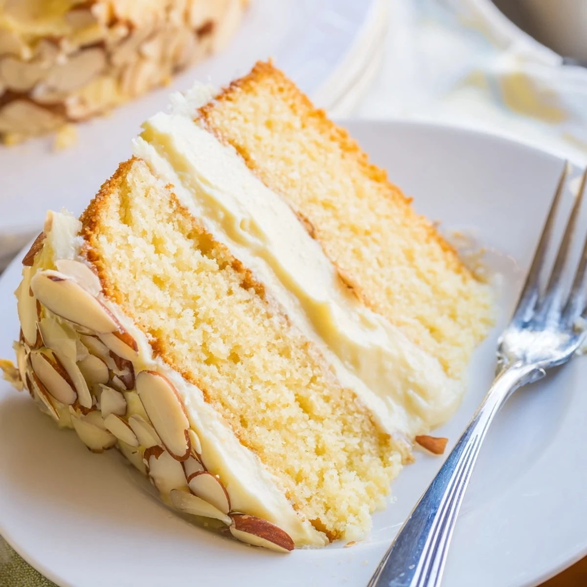 Golden almond cream cake slice showing fluffy layers filled with nutty almond frosting and topped with toasted almond slices