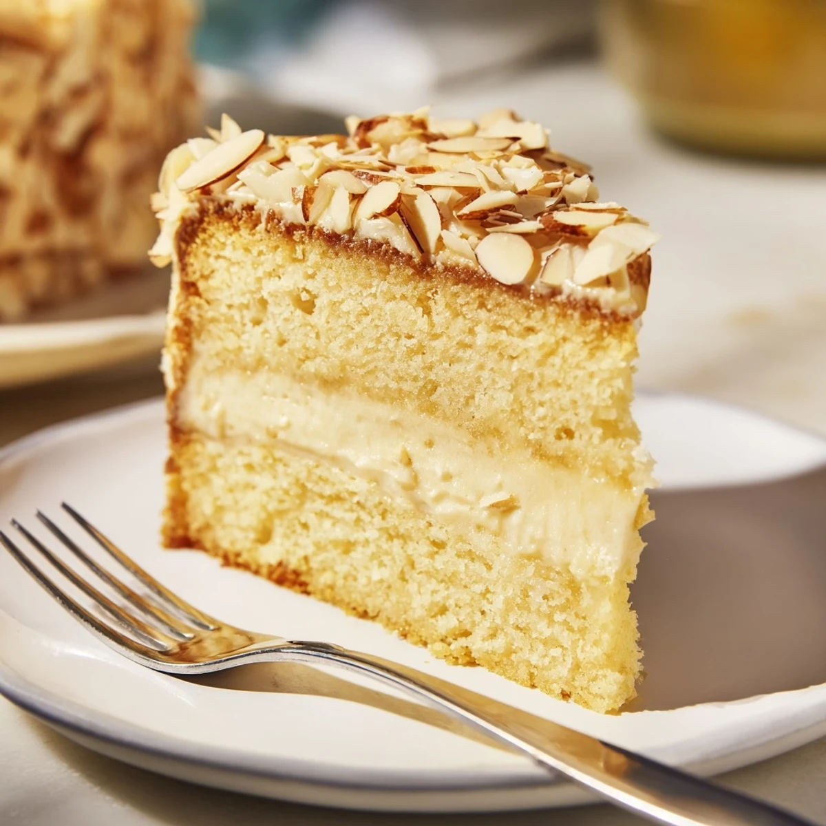 Close-up of almond cream cake displaying smooth whipped almond cream sandwiched between tender cake layers sprinkled with crunchy toasted almonds