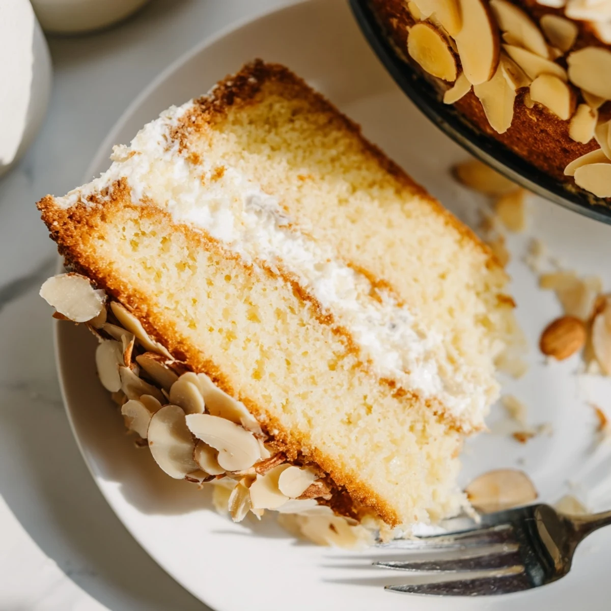 Elegant almond cream cake on white plate dusted with powdered sugar featuring generous almond cream filling between moist golden layers