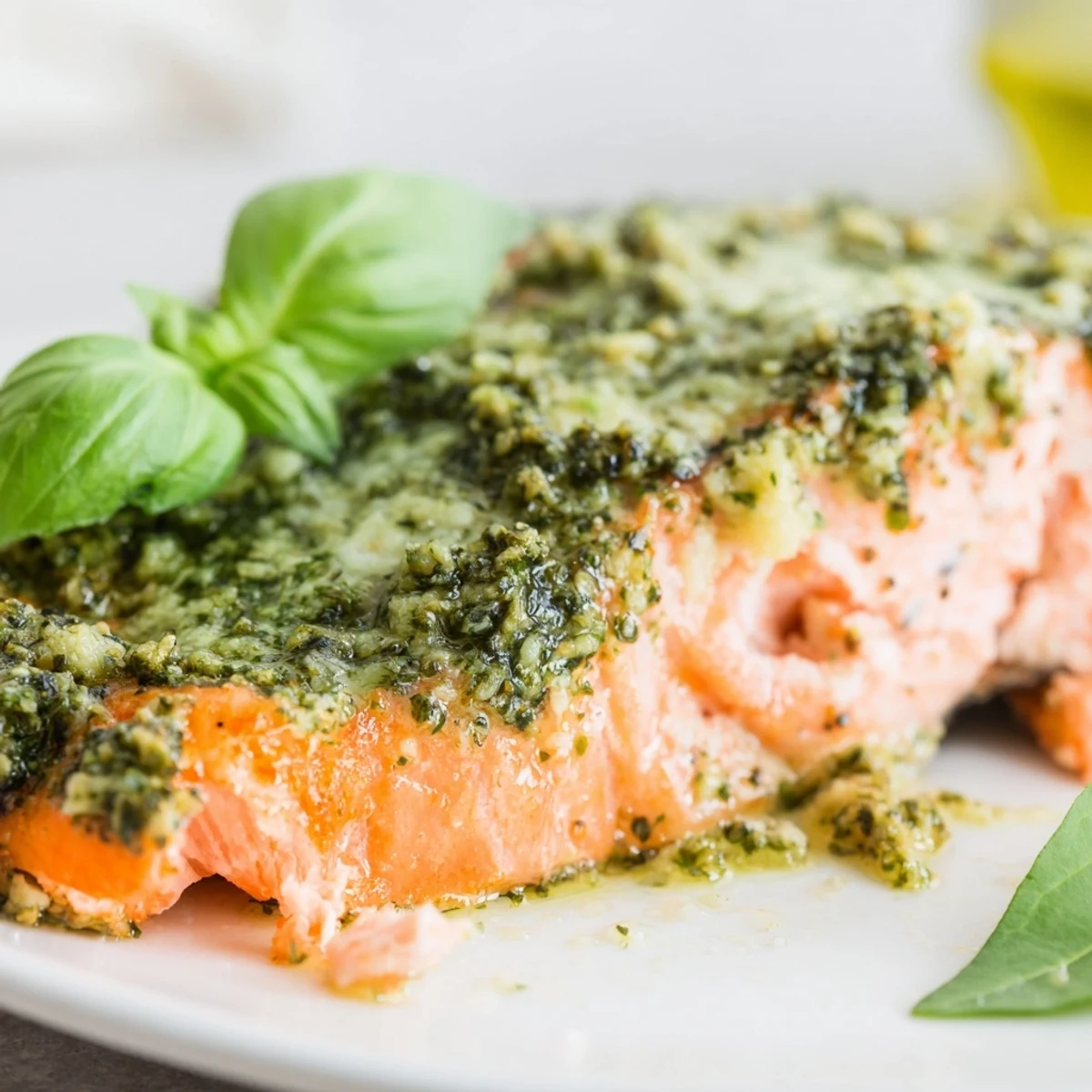 Flaky moist salmon glazed with creamy basil pesto butter mixture, perfectly cooked until golden and garnished with lemon slices for a delicious weeknight dinner