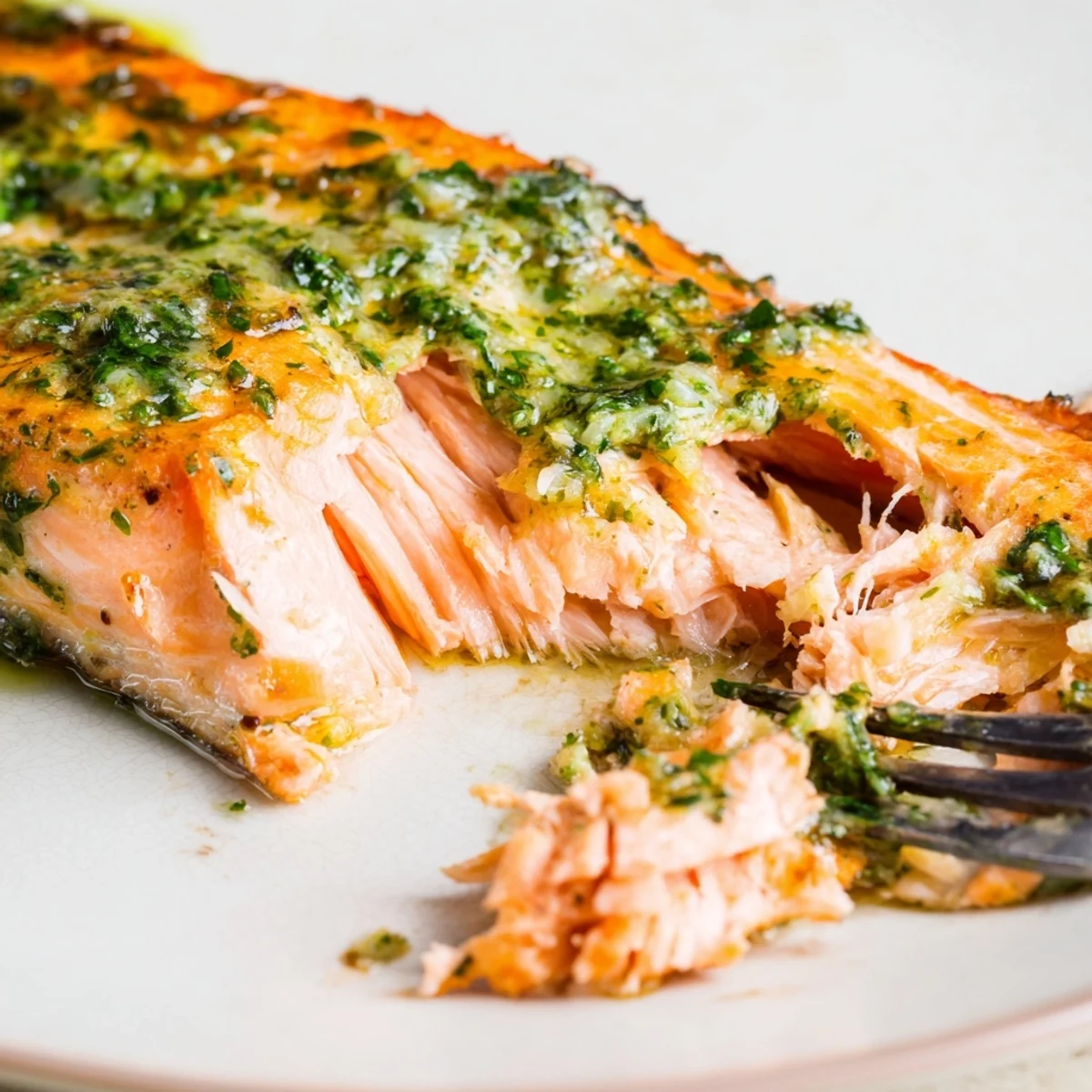 Golden oven-baked pesto butter salmon fillet topped with vibrant green herbs and served with fresh lemon wedges on a white baking sheet