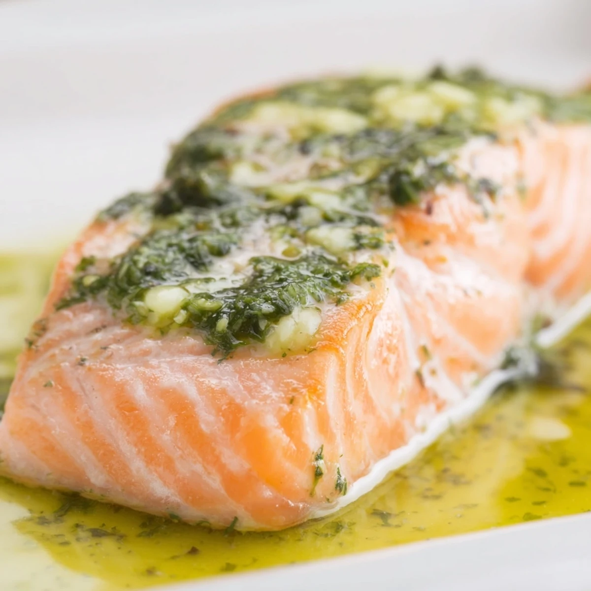 Close-up of succulent baked salmon coated in rich pesto butter sauce, showing tender pink flesh fleaking apart with fresh basil and lemon accents