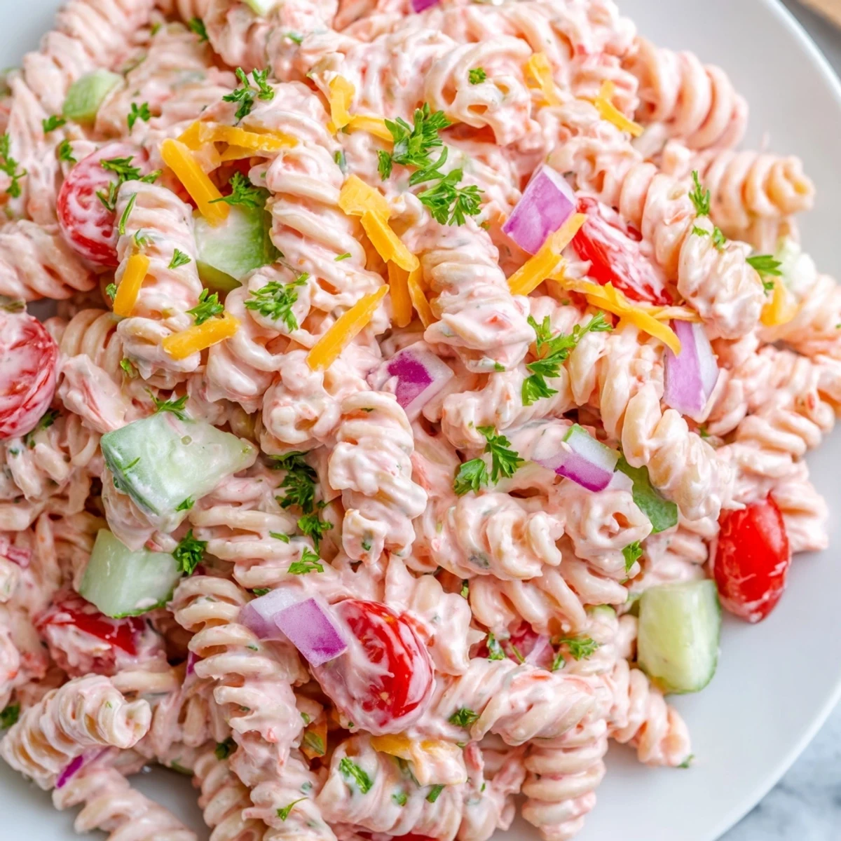 Creamy Pink Cadillac Pasta Salad with cherry tomatoes, red peppers, and tangy pink dressing