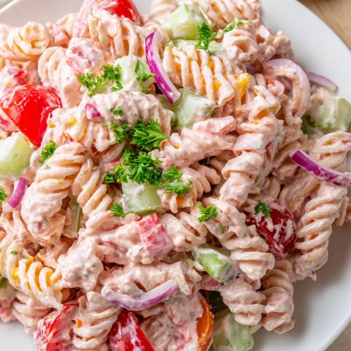 Vibrant Pink Cadillac Pasta Salad dotted with juicy cherry tomatoes and crisp red bell pepper chunks