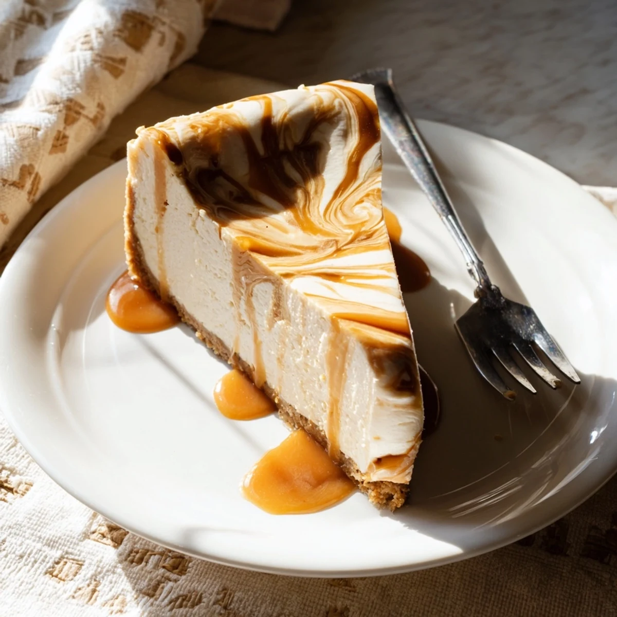 Creamy caramel swirl cheesecake featuring ribbons of luscious caramel throughout each decadent bite