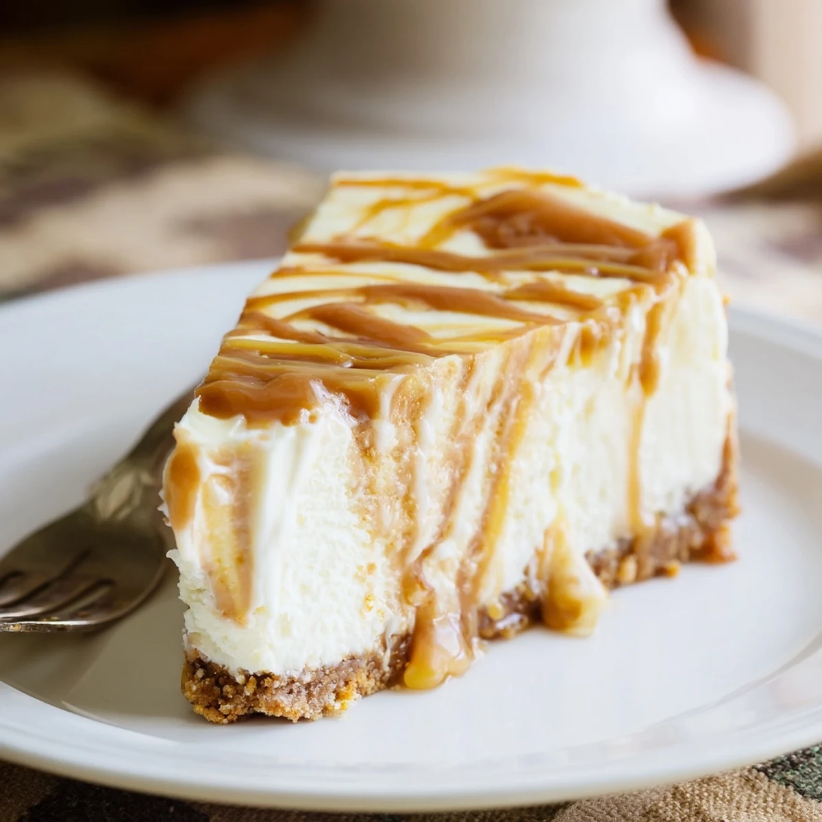 Rich caramel swirl cheesecake served with extra caramel drizzle and sea salt flakes garnish