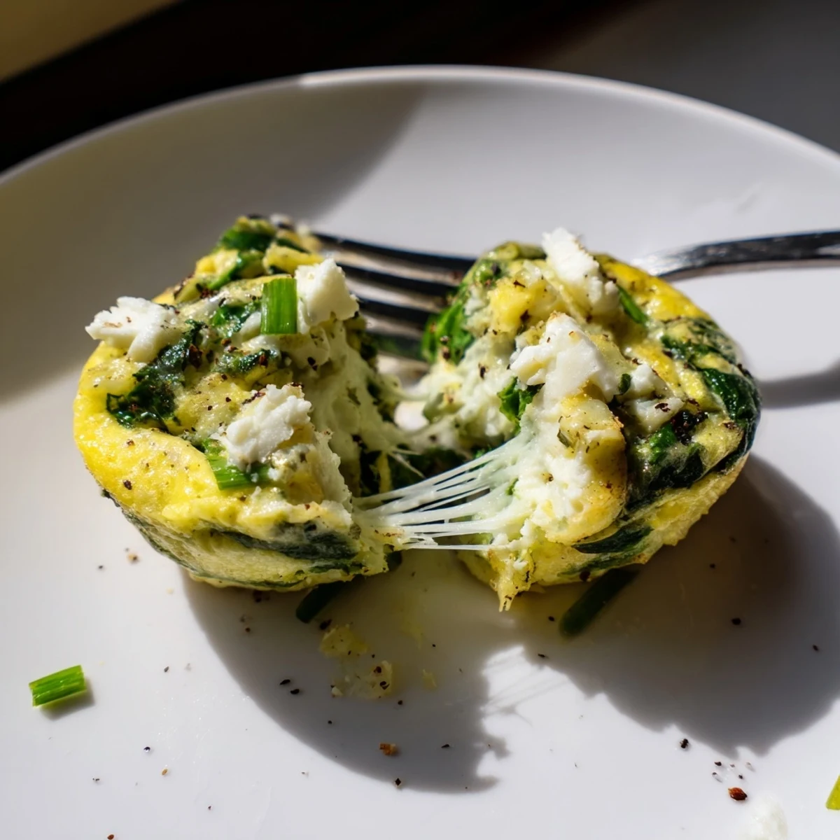 Stack of Savory Spinach Feta Egg Bites with crumbly feta and fresh spinach.