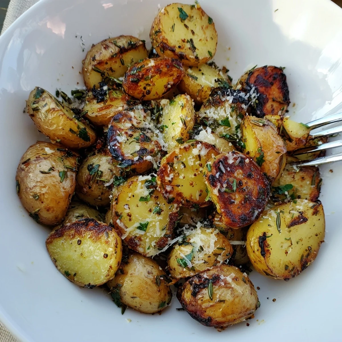 Herb Seasoned Grilled Potatoes In Foil steaming, golden edges, garlic and herb aroma.