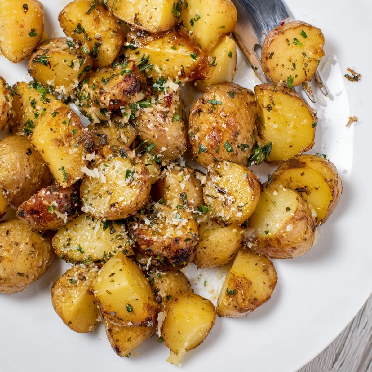 Crisp, tender Herb Seasoned Grilled Potatoes In Foil served with parsley and Parmesan.