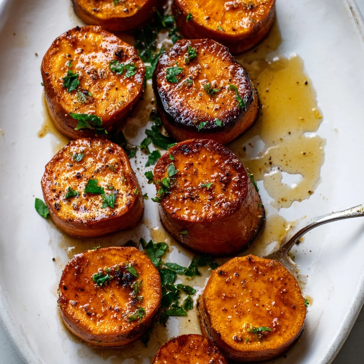 Close-up of Honey Drizzled Roasted Sweet Potato Medallions glistening with caramelized edges