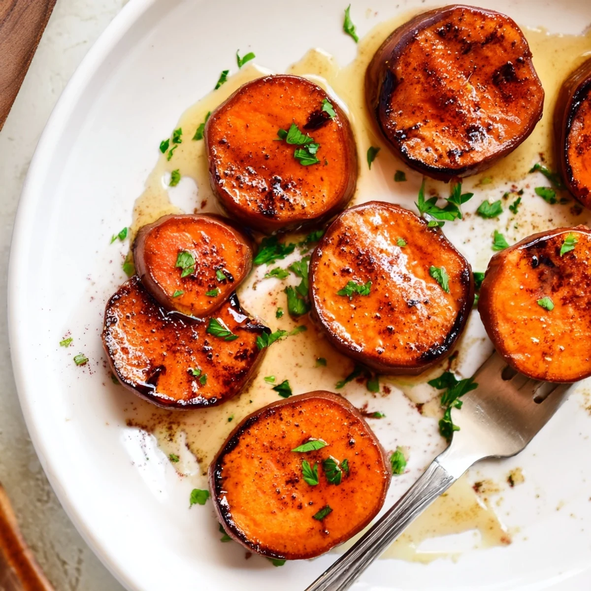 Plated Honey Drizzled Roasted Sweet Potato Medallions, golden rounds fragrant with cinnamon