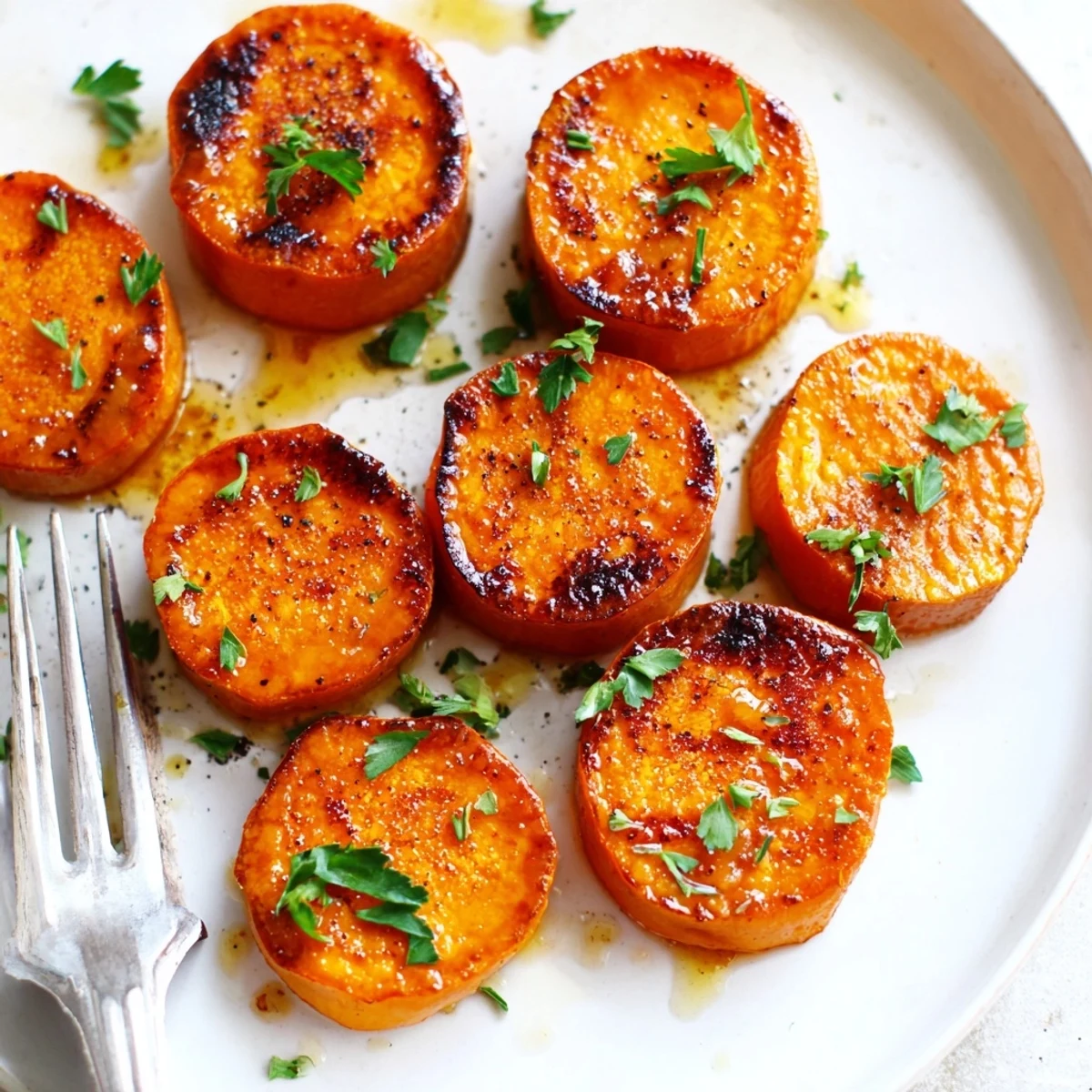 Honey Drizzled Roasted Sweet Potato Medallions, oven-crisped rounds served warm as side
