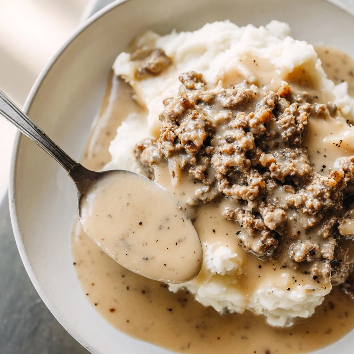 Creamy ground beef gravy with savory browned bits smothering buttery biscuits on a plate