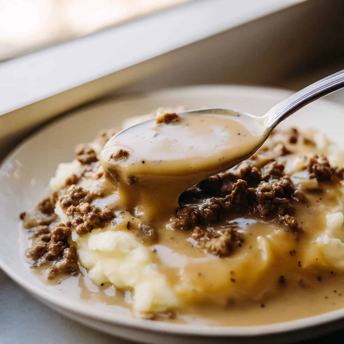 Rich homemade hamburger gravy ladled over fluffy mashed potatoes in a white bowl