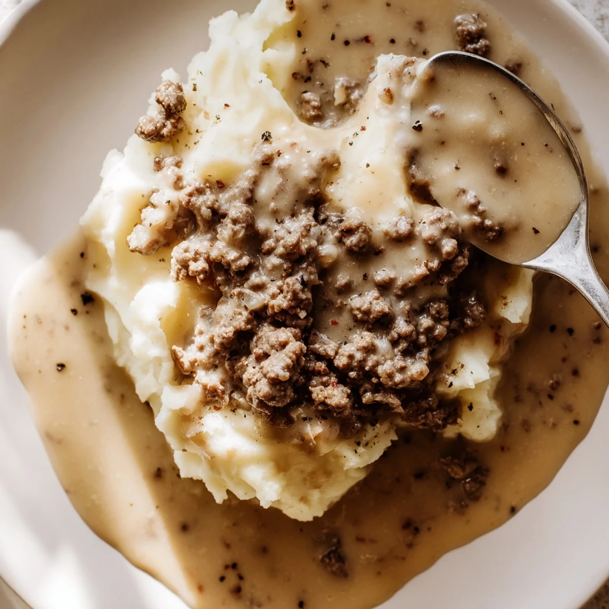 Hearty homemade hamburger gravy with tender beef chunks poured over steaming white rice
