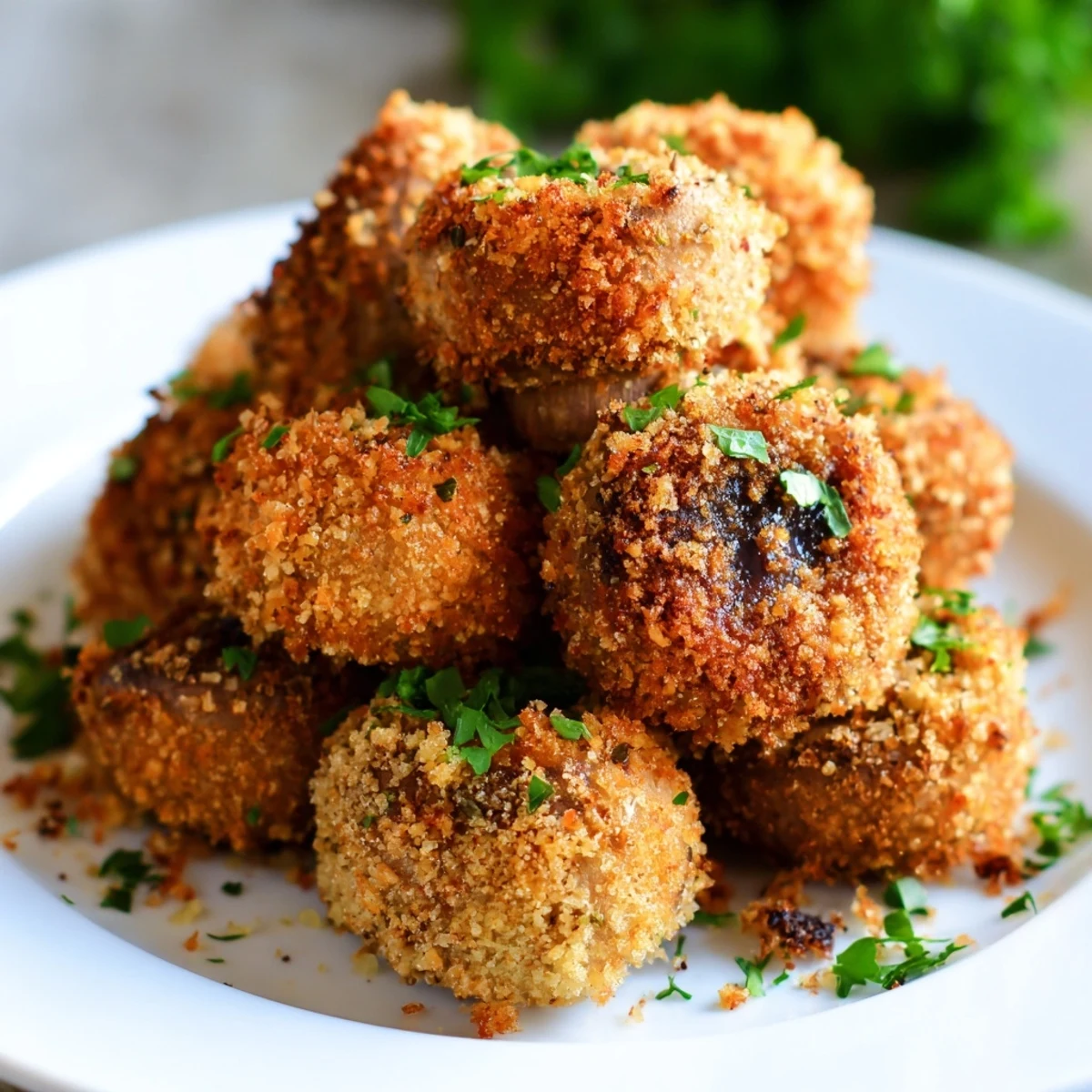 Golden brown crispy fried mushrooms arranged on a serving platter with fresh parsley garnish