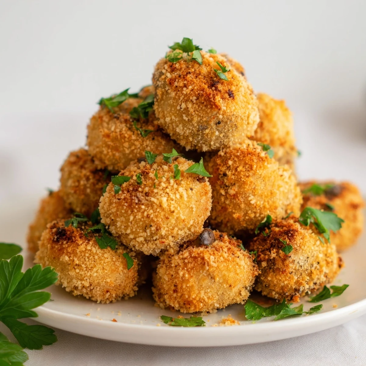 Breaded button mushrooms frying in hot oil until perfectly crunchy and golden