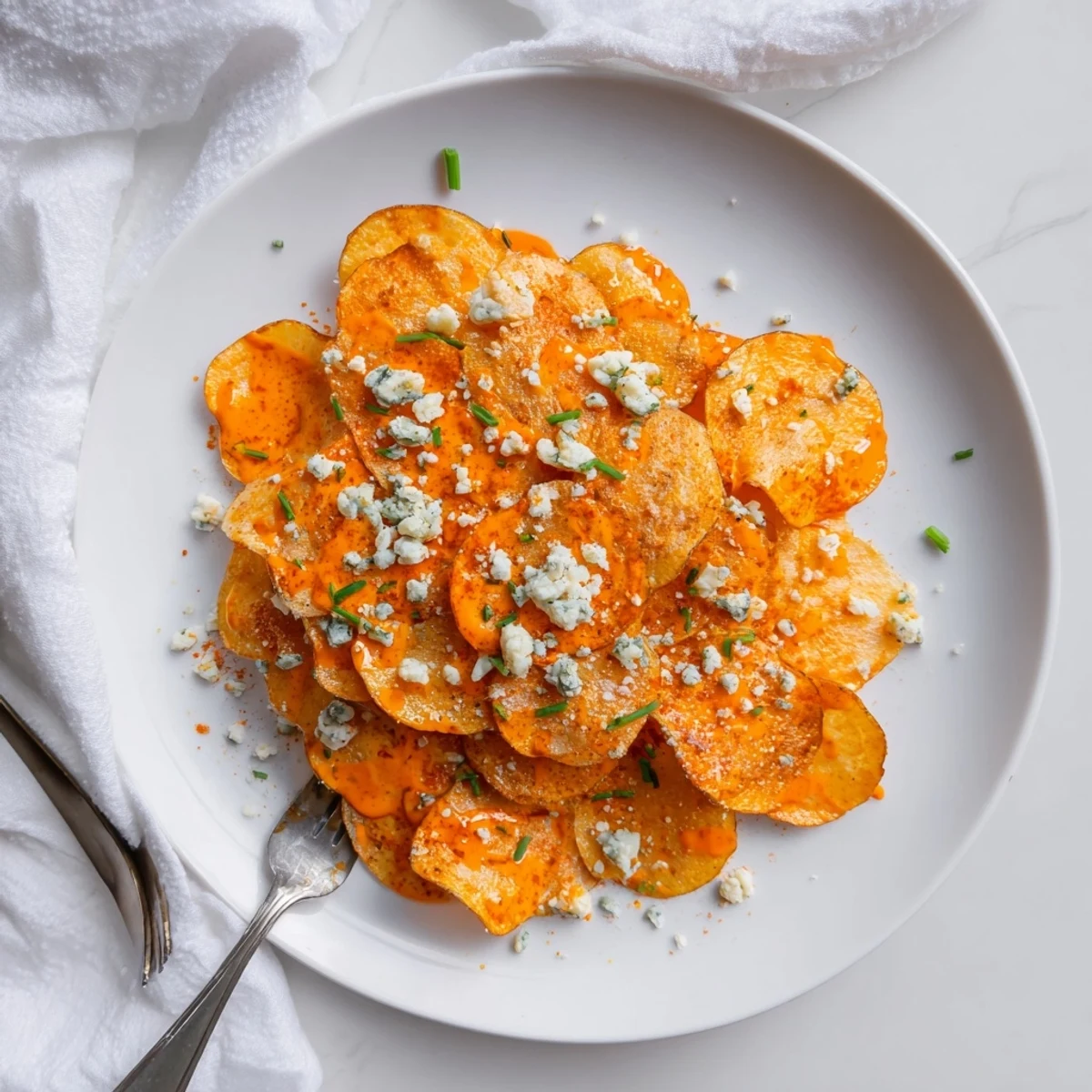 Golden Buffalo chips drizzled with spicy red sauce and topped with blue cheese crumbles