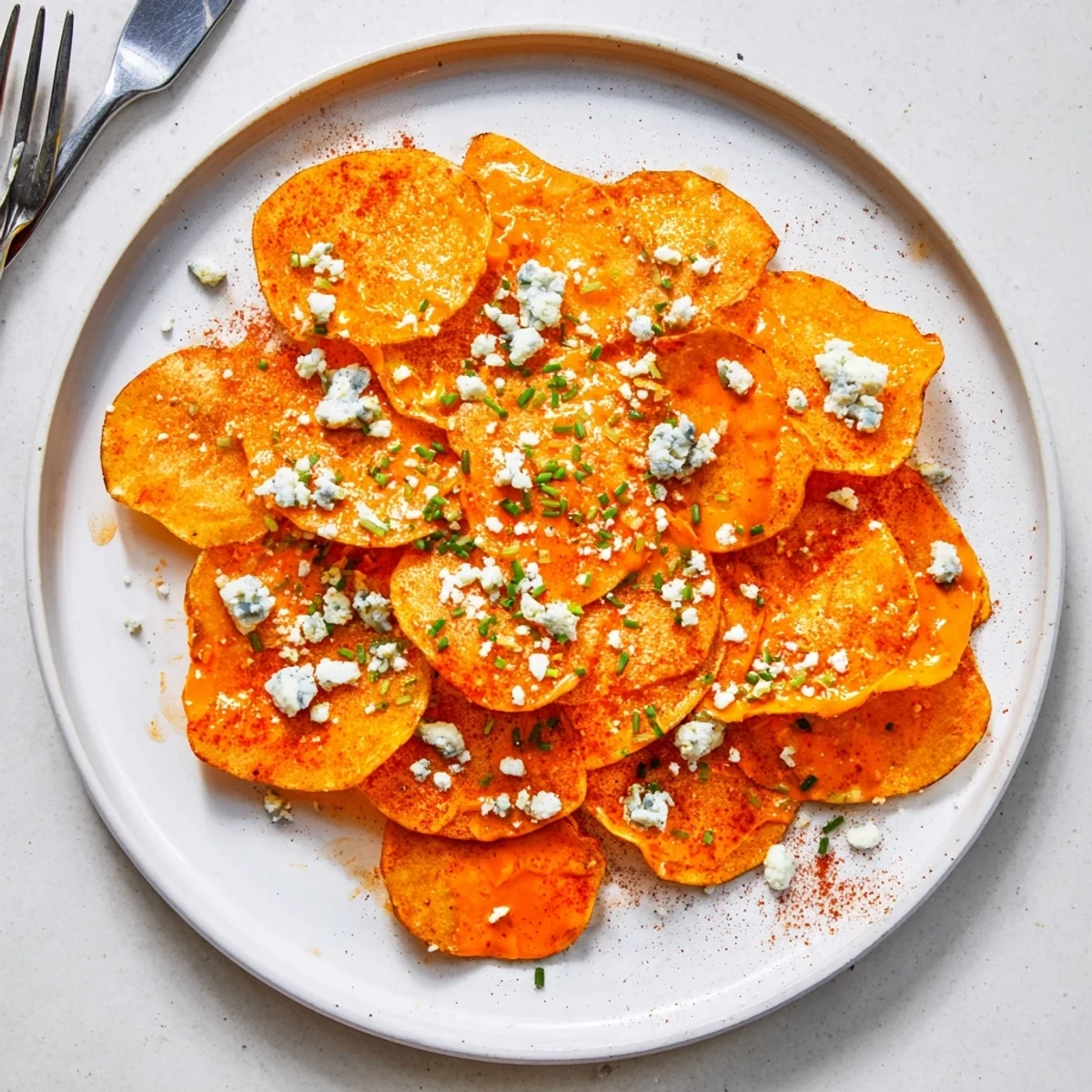 Crispy potato slices coated in tangy Buffalo seasoning perfect for game day snacking